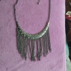 Silver tone Necklace With Bling And Fringe