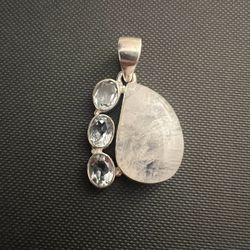 Silver 925 White Moonstone With Blue Stones Pendant 