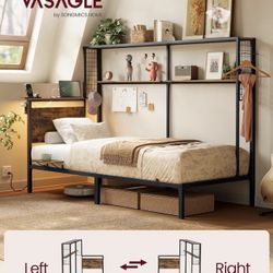 Twin Size Metal Bed Frame with Headboard, Multifunctional Storage, Built-in LED Lights, Charging Station, Bookshelf, Bedside Shelf, Space-Saving, No B