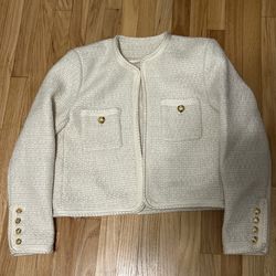 CELINE Tweed Collarless Wool Blend Jacket Size 38