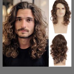 Beweig Brown Wig For Men Long Curly Wavy Synthetic Halloween Costume Party Wig For Male