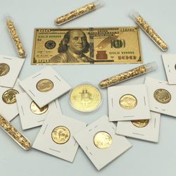 Gold Flakes, Buffalo Nickels, Bitcoin & 100 Dollar Bill.