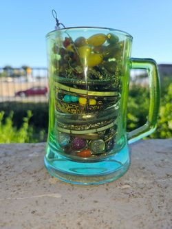 Green Glass Mug With Jewelry Lot