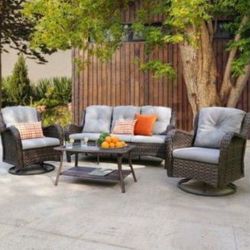 Patio Outdoor Furniture With Swivel Chairs Swivel Rocking Chairs Also Available In Dark Gray Cushions Or Brown Cushions Brand New 