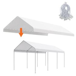 10 x 20 FT Carport Replacement Canopy Cover with Extra-Long Ball Bungees, Garage Top Tent Shelter Tarp for All Weather, Only Cover, White