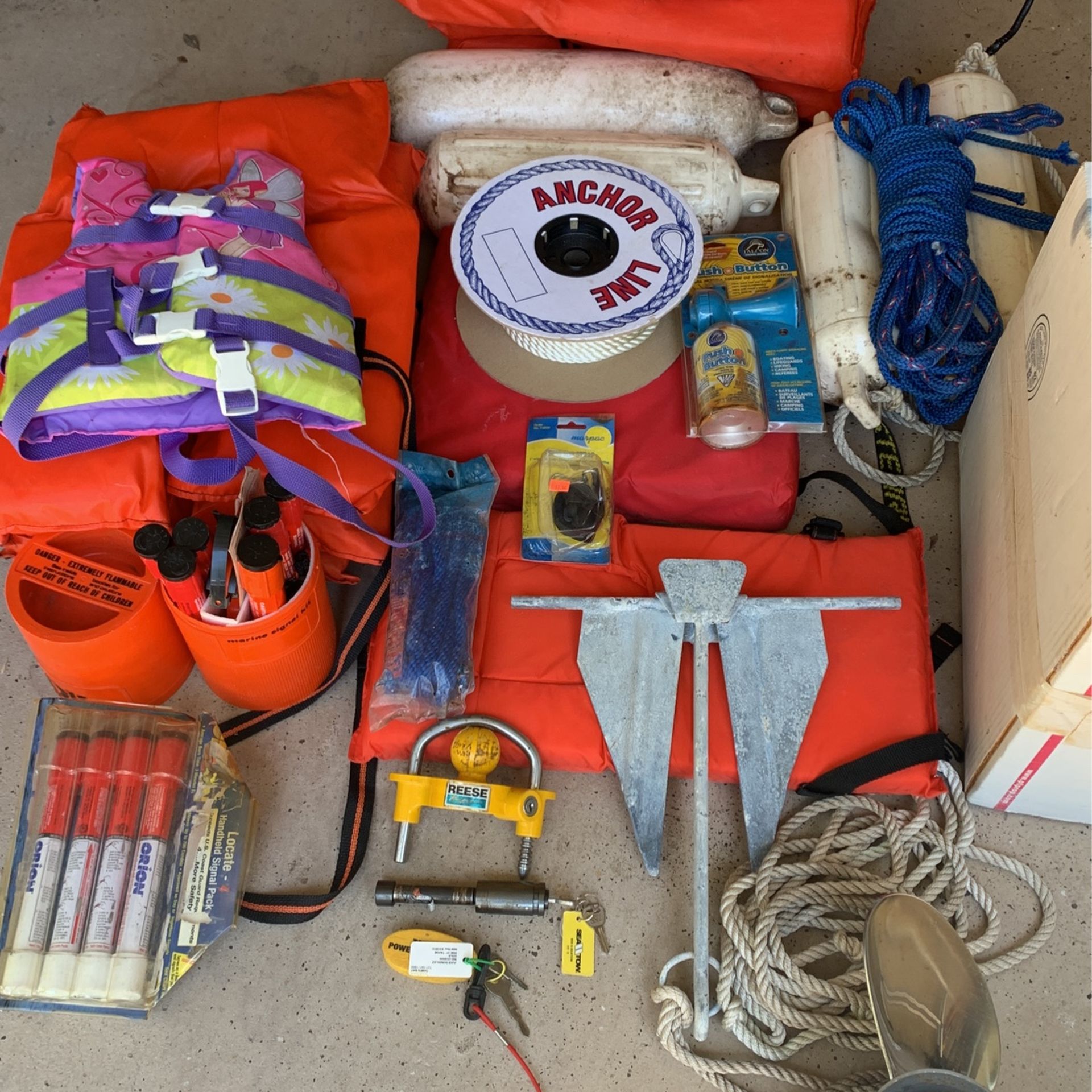 Boat accessories, Stainless steel prop , lifejackets anchor flare gun trailer hitch lock etc. Propeller was only use 6 times still have box