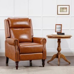 Modern Upholstered Accent Chair Genuine Leather Push Back Recliner Chair with Roll Arms for Living Rooms, Bedroom - Camel