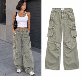 Princess Polly Sage Green Wide Leg Cargo Jeans – Women’s US 4
