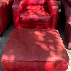 Lounge Chair & Ottoman | Mitchell Gold | Red Leather (as is - sun fading)