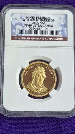 2009-S William H Harrison Presidential Dollar coin graded PF 69 Ultra Cameo by Numismatic Guaranty Corporation (NGC). Slabbed and certified