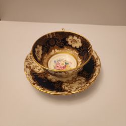 Crown Staffordshire A13727 Pink Rose Floral Cobalt & Gold Tea Cup & Saucer E
