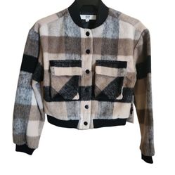 New With Tags-Madden NYC Juniors Plaid Cargo Bomber Jacket Size XXS  Color: Mushroom