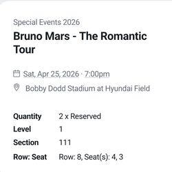 Bruno Mars Tickets ATL (Saturday 4/26)