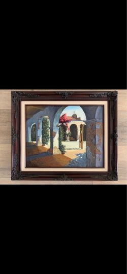 Carved Brown Color Wood Framed, Raised oil painting of mountain and river by Artist “Sanchez” excellent condition 26” L x 22”