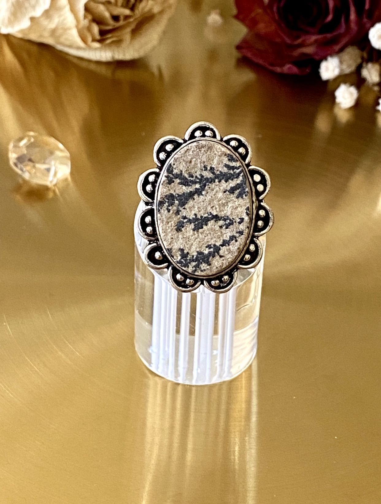 German Dendrite 925 Sterling Silver Overlay Handcrafted Ring Size 8.5