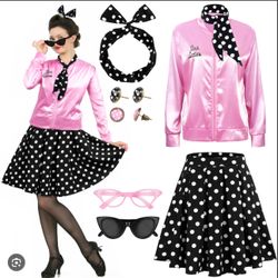 Bundle 1950s Lady Pink Satin Halloween Costume Set Size S & Hair Wig