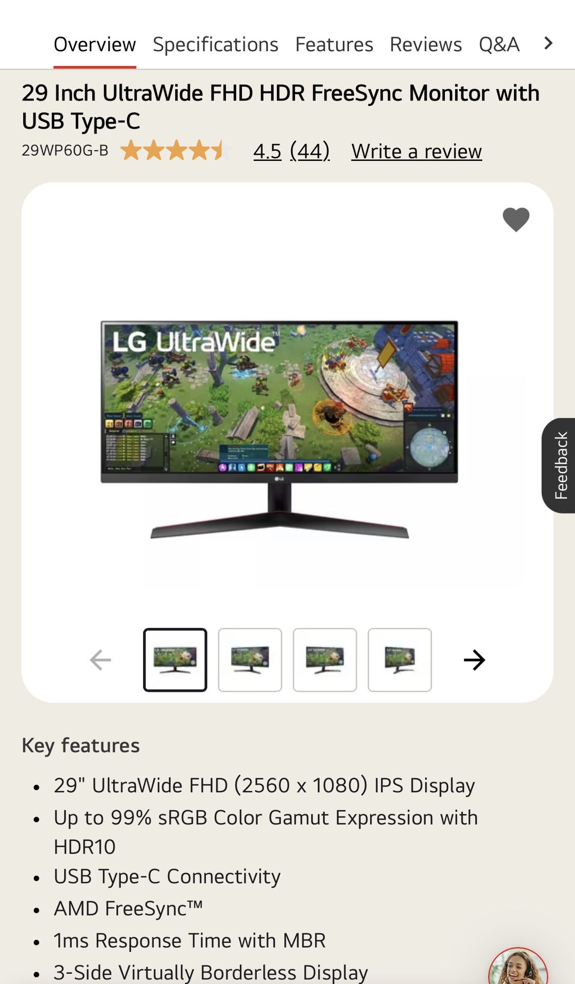 LG 29WP60G-B 29" UltraWide FHD HDR Monitor