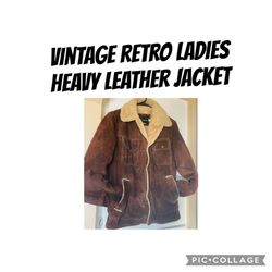 Vintage 90s JC Penney 40 L Heavy Leather Or Unisex Split Hide suede With Fur Lining brown Jacket 