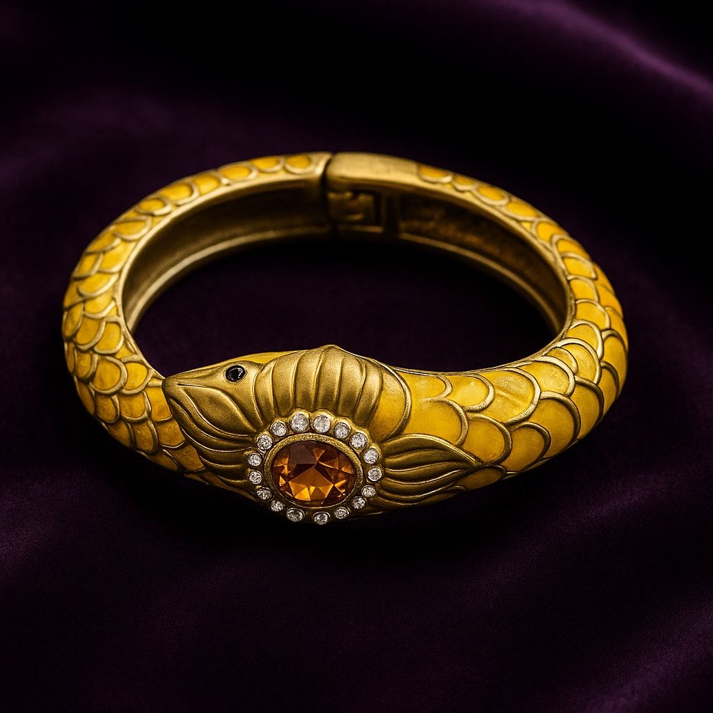 Vintage 1980s Yellow Enamel Snake Bangle Hinged Bracelet Amber Rhinestone, 2.5”