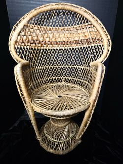 MCM Beige Wicker Rattan Accent Chair High-Back Armchair with Arms 30in H