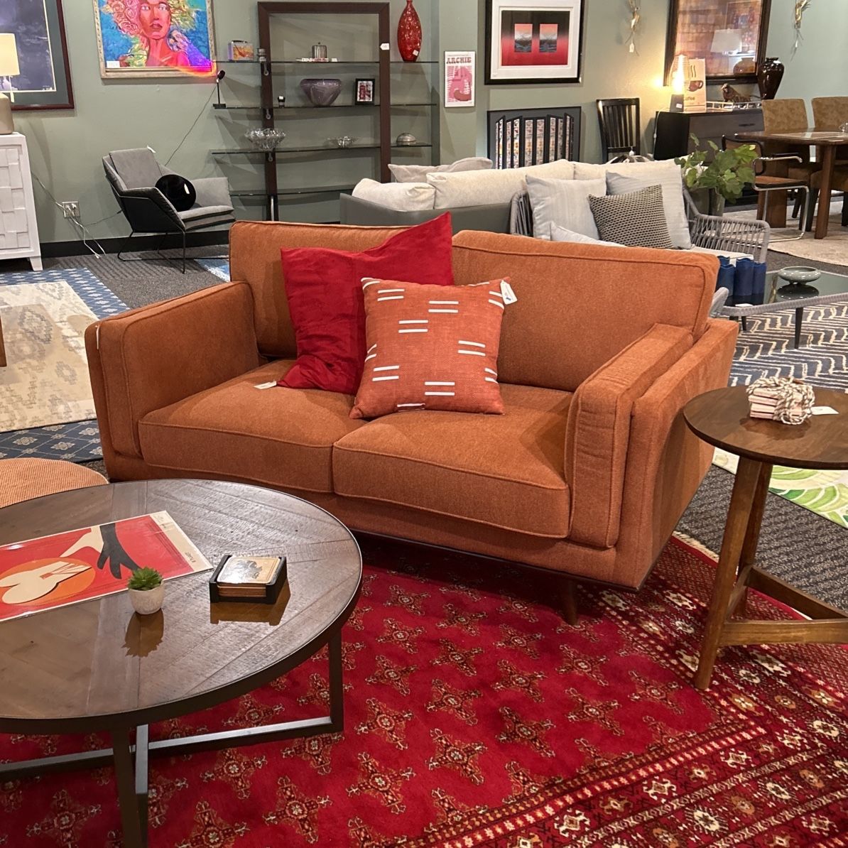 NEW Orange Fabric MCM Retro Style Loveseat