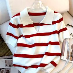 Striped Pattern Collared Sweater Versatile Short Sleeve Knitted Top For Spring & Summer Women's Clothing Crop Top