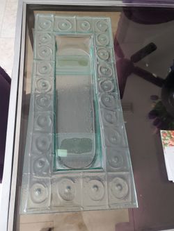 See 8 pictures  39" by 31/2" designer Evans designs California heavy thick light green glass decor