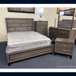 4pc Gray Queen Bedroom Set- Queen Bed Frame, Dresser, Mirror, Nightstand