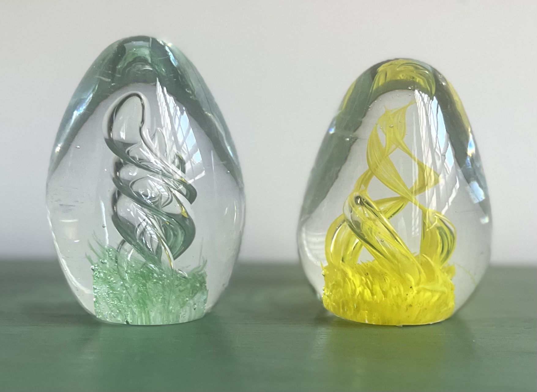 Pair of Egg Shape Blown Glass Art Paperweights Green and Yellow Swirls