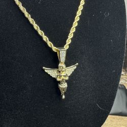 24” Gold Plated Chain + Angel  praying Pendant (CZ Stones) – Gold Plated Over Stainless Steel – New
