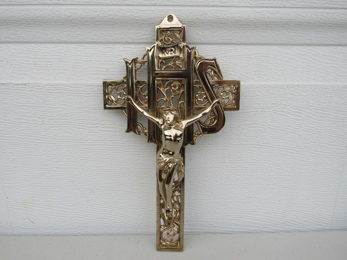 Crucifix IHS INRI Brass Plated Ornate Metal Catholic Wall Decor