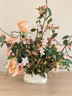 Large Blush Rose Faux Floral Arrangement in Ceramic Vase