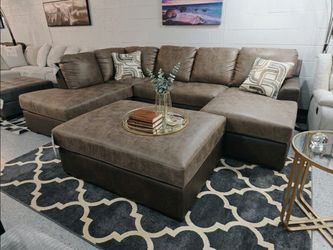 Brown Faux Leather Sectional Sofa with Ottoman