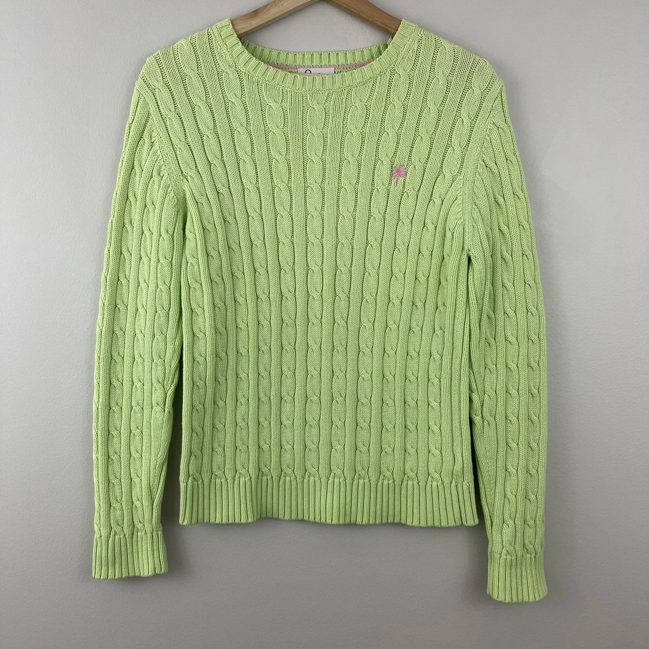 LILLY PULITZER Vintage Lime Green Cable Knit Palm Tree Crewneck Sweater