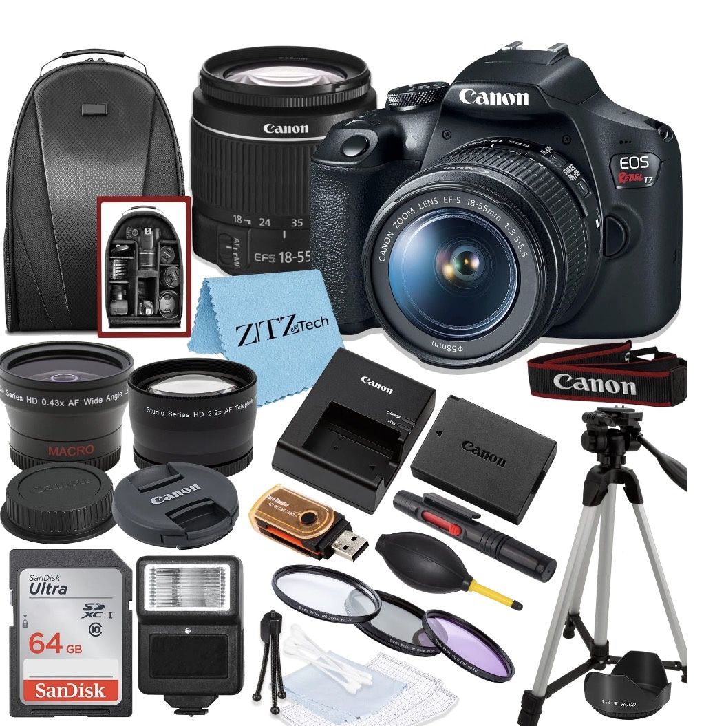 Canon EOS Rebel T7 DSLR Camera Bundle with 18-55mm Zoom Lens, SanDisk 64GB Memory Card, Tripod, Backpack and ZeeTech Accessory (International Version)