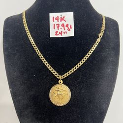 14K Solid Gold Chain and Pendant 17.9Gr 24 Inches Long 