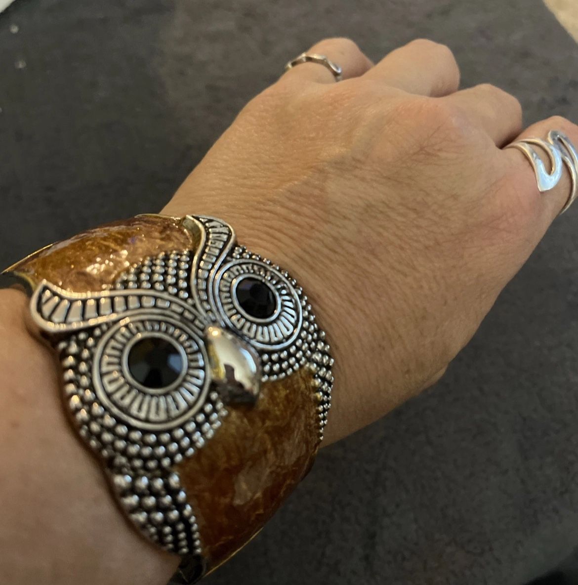 Owl Bracelet Cuff Clamper Jewelry Boho Statement Jewelry Brown Silver Jewelry