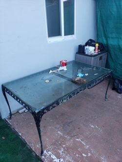 6' Rod Iron Table, (2) End Tables and (6) Chairs