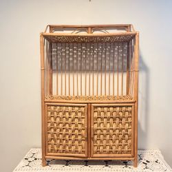 Vintage Rattan Wicker Cabinet with Open Shelf