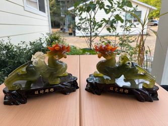 Decorative Feng Shui Pi Xiu Statues with Bases - Pair (10” x 7.25” x 5”)