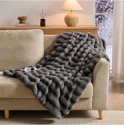 New-Heating Blanket with Faux Rabbit Fur & Flannel, 6 Heat & 1-12H Timer Heated Electric Blanket Throw 50"x60", Overheat Protection, Machine Washable,