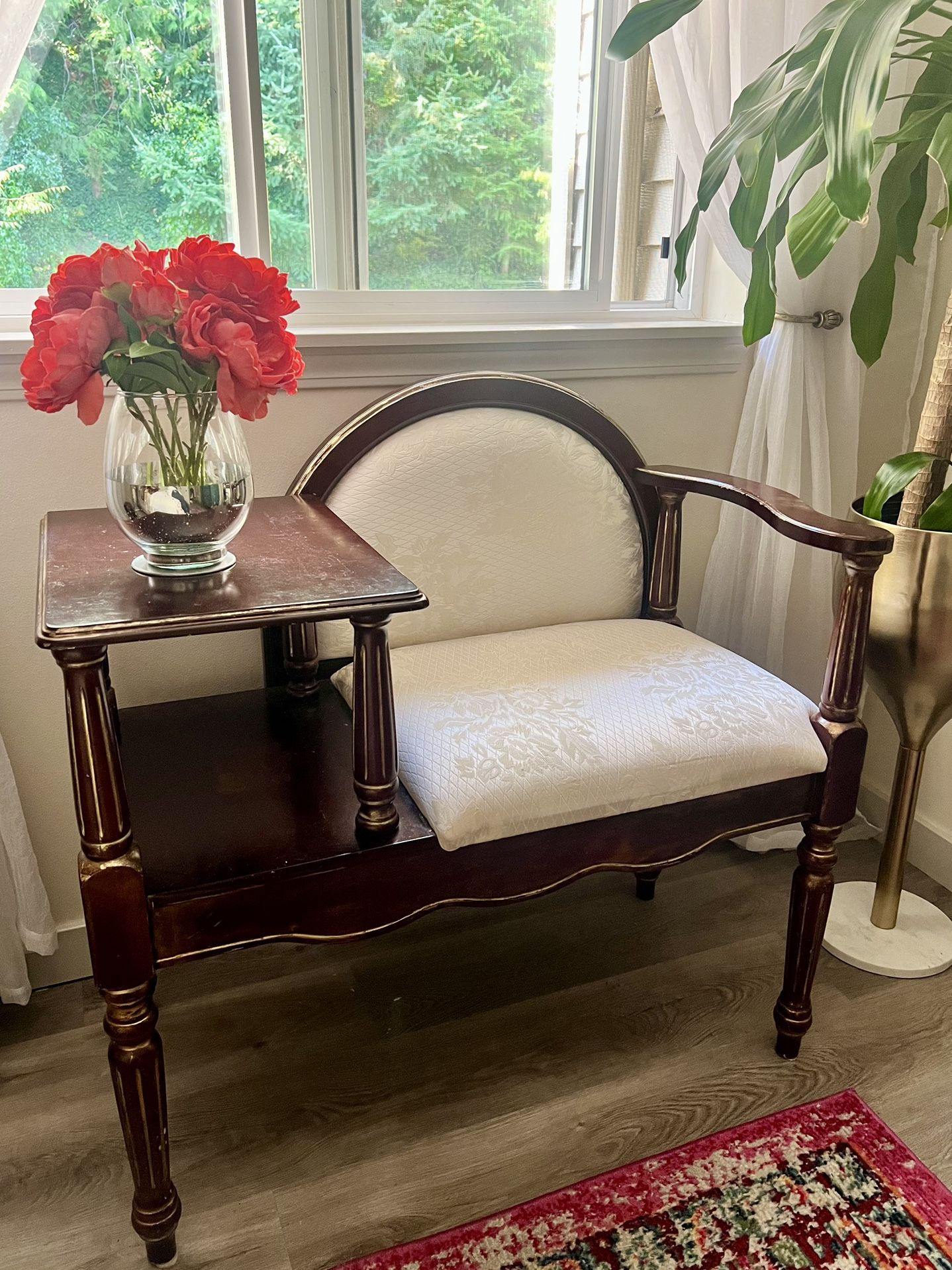 Vintage solid wood cream upholstery gossip table- bench.