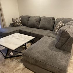 Dual Chaise Grey Couch W/ Pillows & Marble Decorative Table