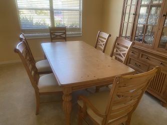 Farmhouse Pine Dining Set — Table, 6 Chairs, China Cabinet