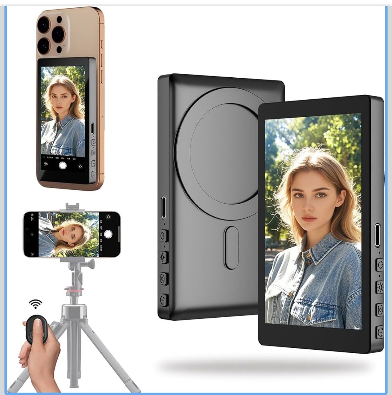 Vlog Selfie Monitor Screen for iPhone & Android, 2000mAh Back Camera Monitor Phone with Bluetooth Remote, Speaker, 3-Level Brightness, 4K/30FPS Wirele