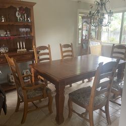 Wooden Dining Set with Decorative Hutch