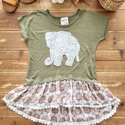 SIZE 8 GIRLS OLIVE GREEN ELEPHANT KNIT TUNIC W/PRINTED RUFFLES