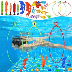 Pool Toys Diving Rings - 28PCS Swim Thru Rings Pool Game Diving Toys with Dive Ring Underwater Treasures Torpedo Bandits Fish Toy Fun Water Swimming T