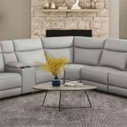 Brand New Light Grey Top Grain Leather Reclining Sectional Sofa
