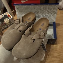 Birkenstocks Boston Soft Bed Suede Leather In Taupe 